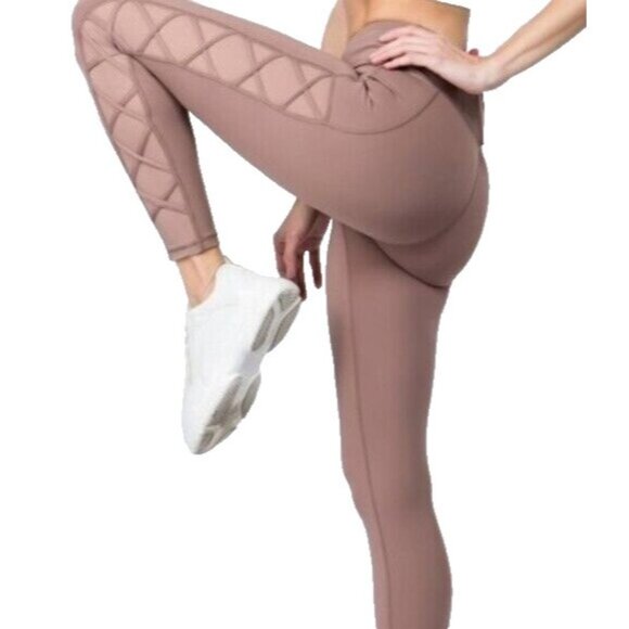 Yelete Pants - Yelete Active Leggings Womens Small Mauve Mesh Criss Cross Side‎ Exercise Sports